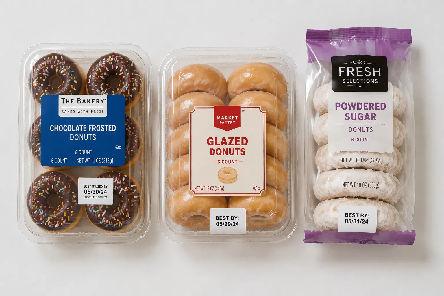 Recalled donut brands flatlay with visible labels and lot codes