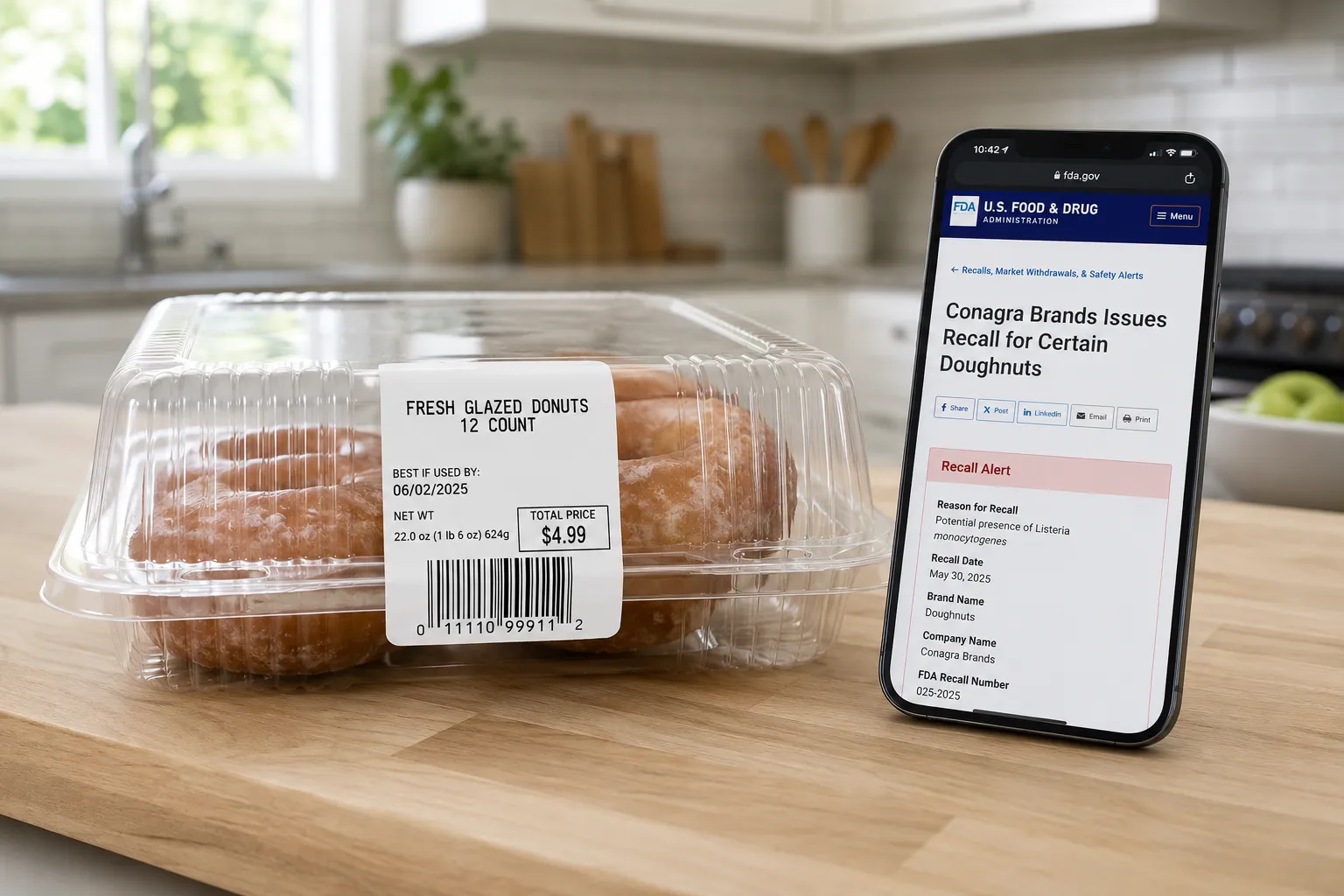 Packaged donuts on counter with FDA recall alert on phone screen