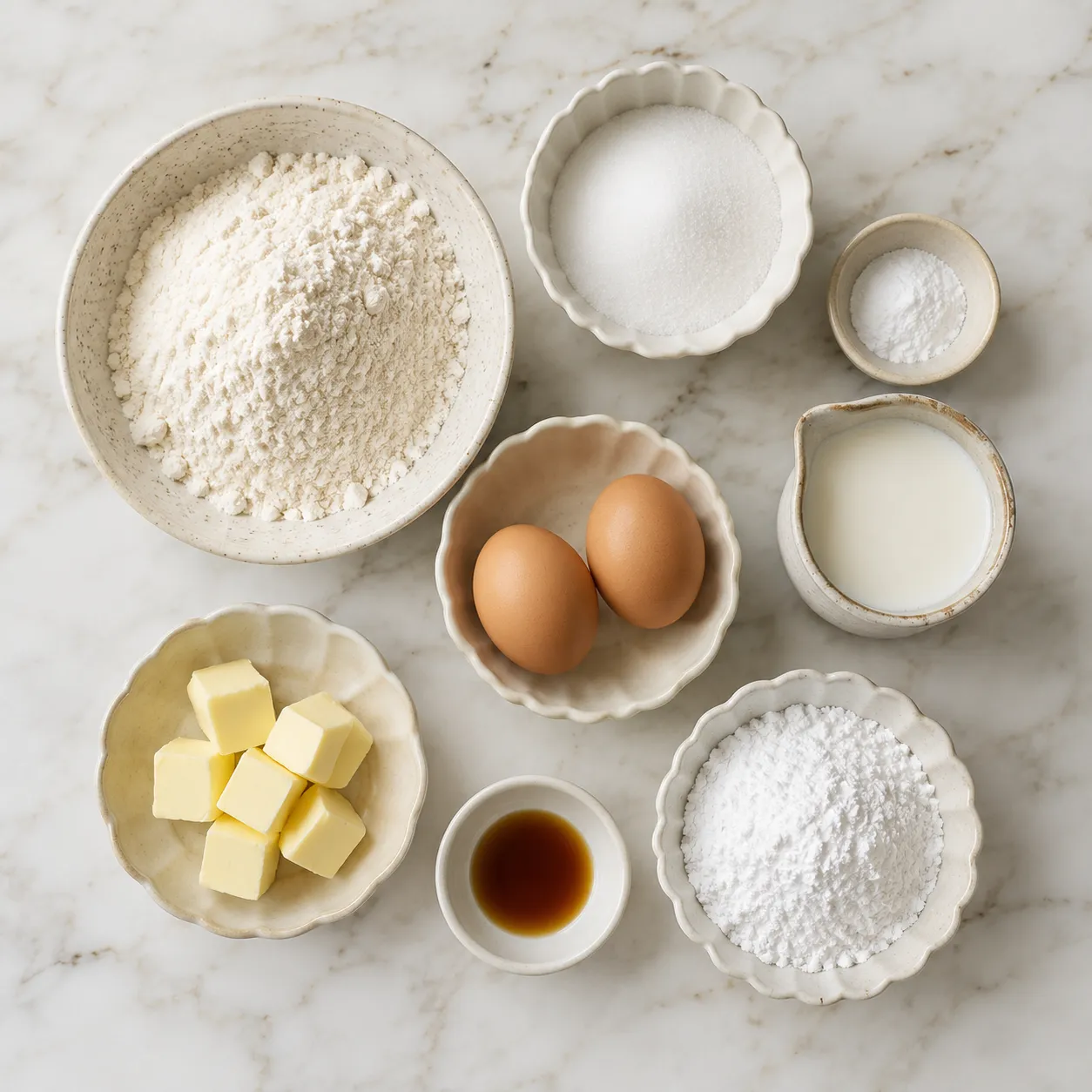 Homemade donut ingredients flatlay: flour, sugar, milk, eggs, butter