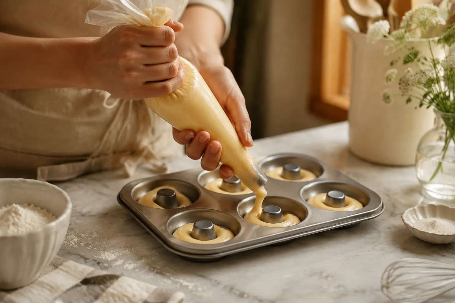 Piping homemade donut batter into a baking pan