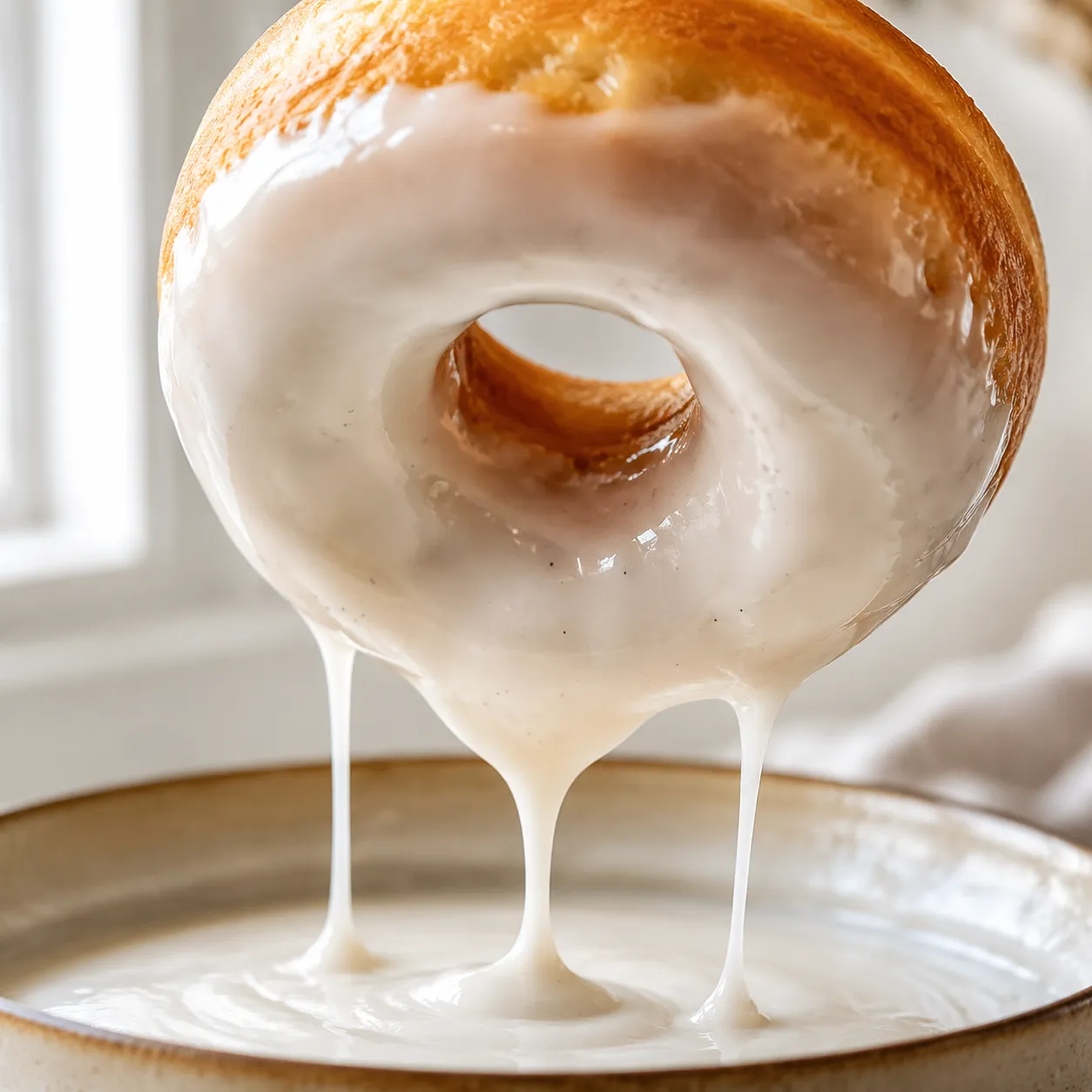 Dipping homemade donut into vanilla glaze close-up