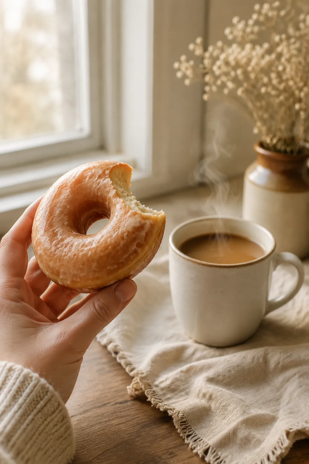 Serving homemade glazed donuts with coffee for breakfast