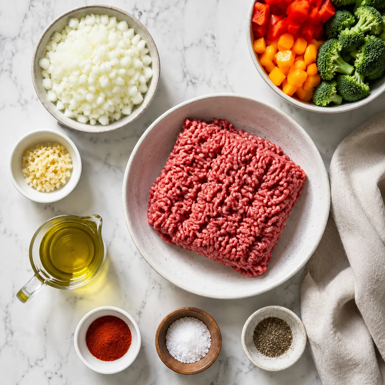 Ingredients for easy ground beef recipes laid out in bowls overhead