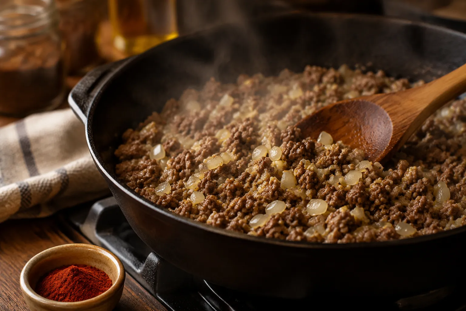 Adding onions and garlic to browned ground beef in a skillet