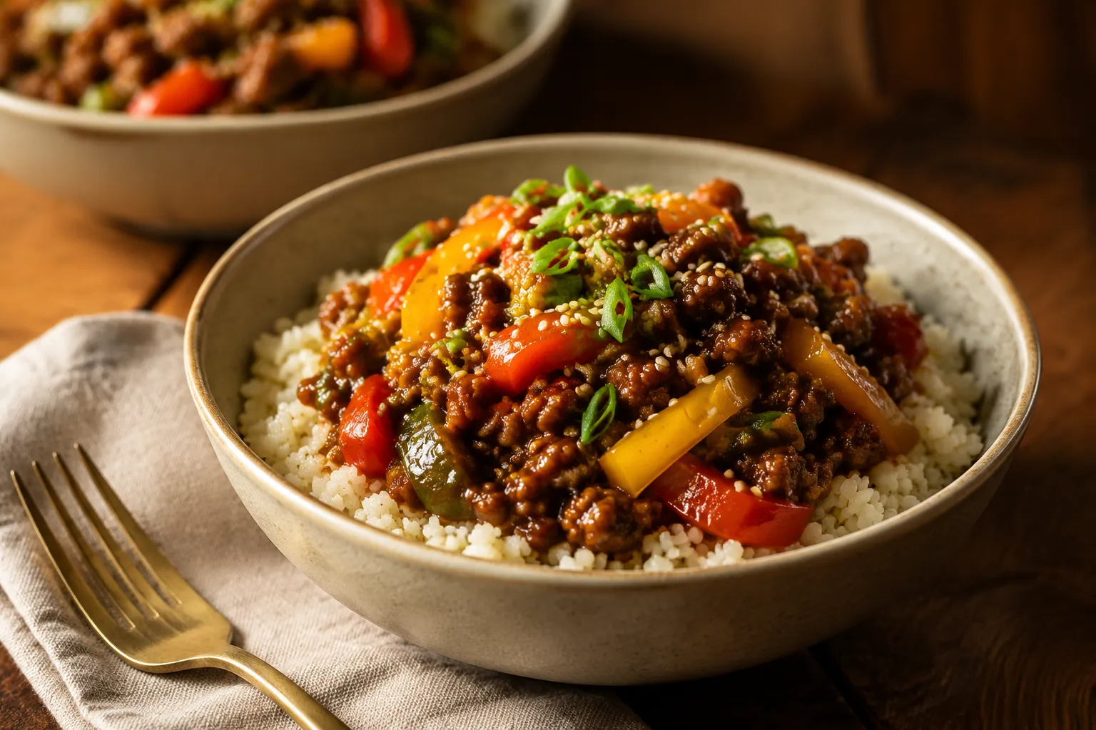 Easy paleo ground beef recipe served over cauliflower rice in a bowl