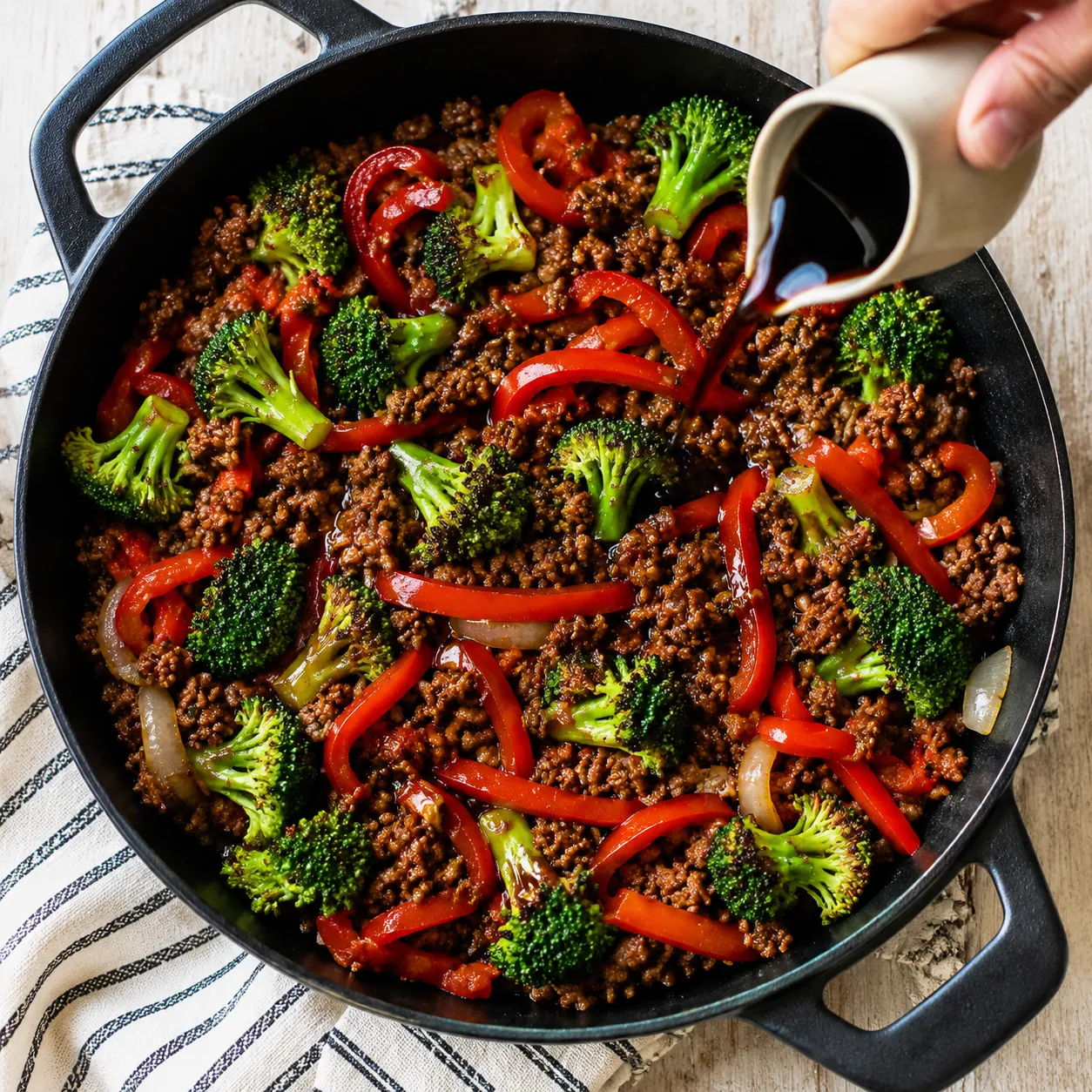 Adding vegetables and sauce to ground beef skillet for paleo dinner