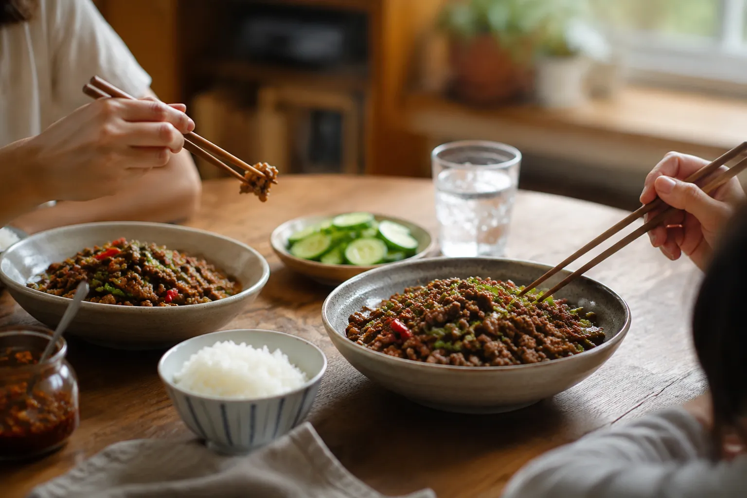 Easy ground beef recipes served family-style at a weeknight dinner table