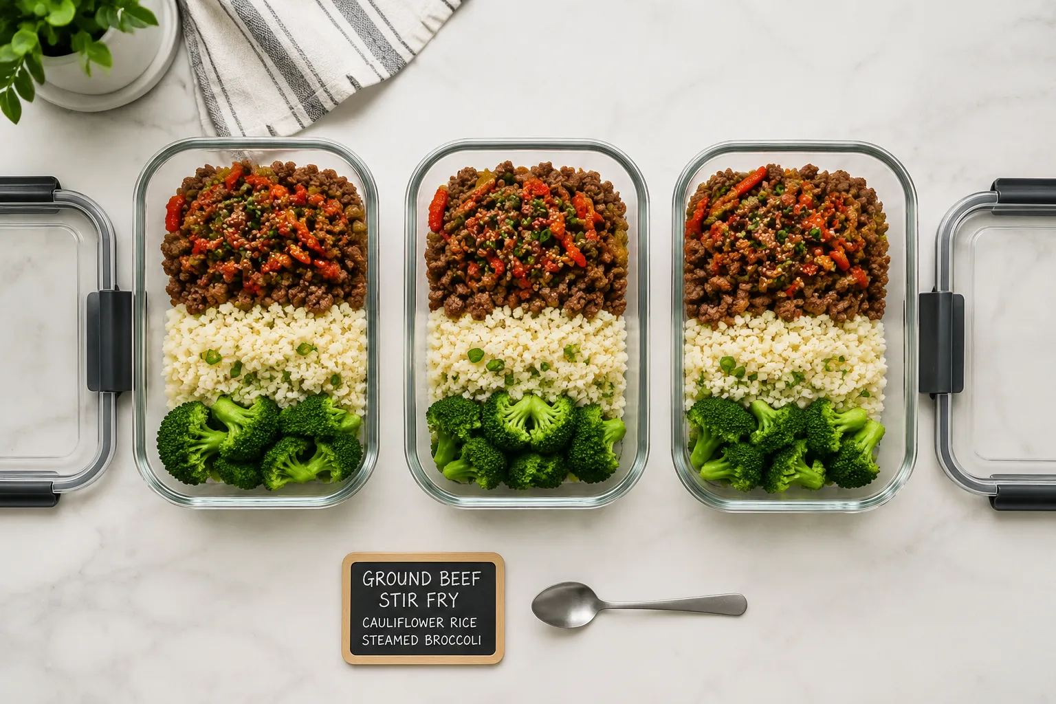 Meal-prep containers of easy ground beef recipes ready for the fridge