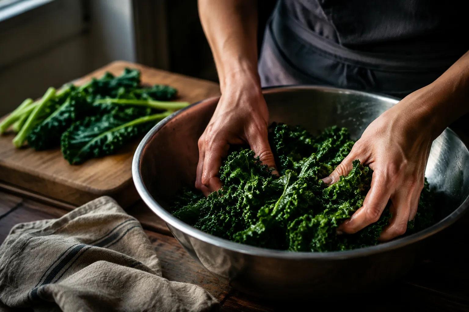 Hands massaging olive oil into curly kale leaves for crispy kale chips