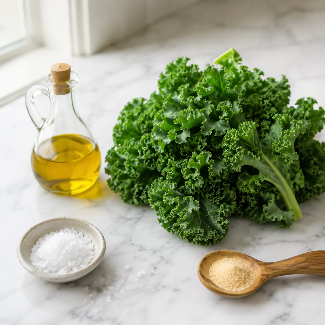 Kale chips recipe ingredients flatlay with curly kale, olive oil, and salt