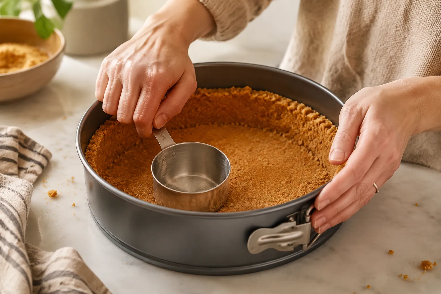 Pressing graham cracker crust into a springform pan for no-bake cheesecake