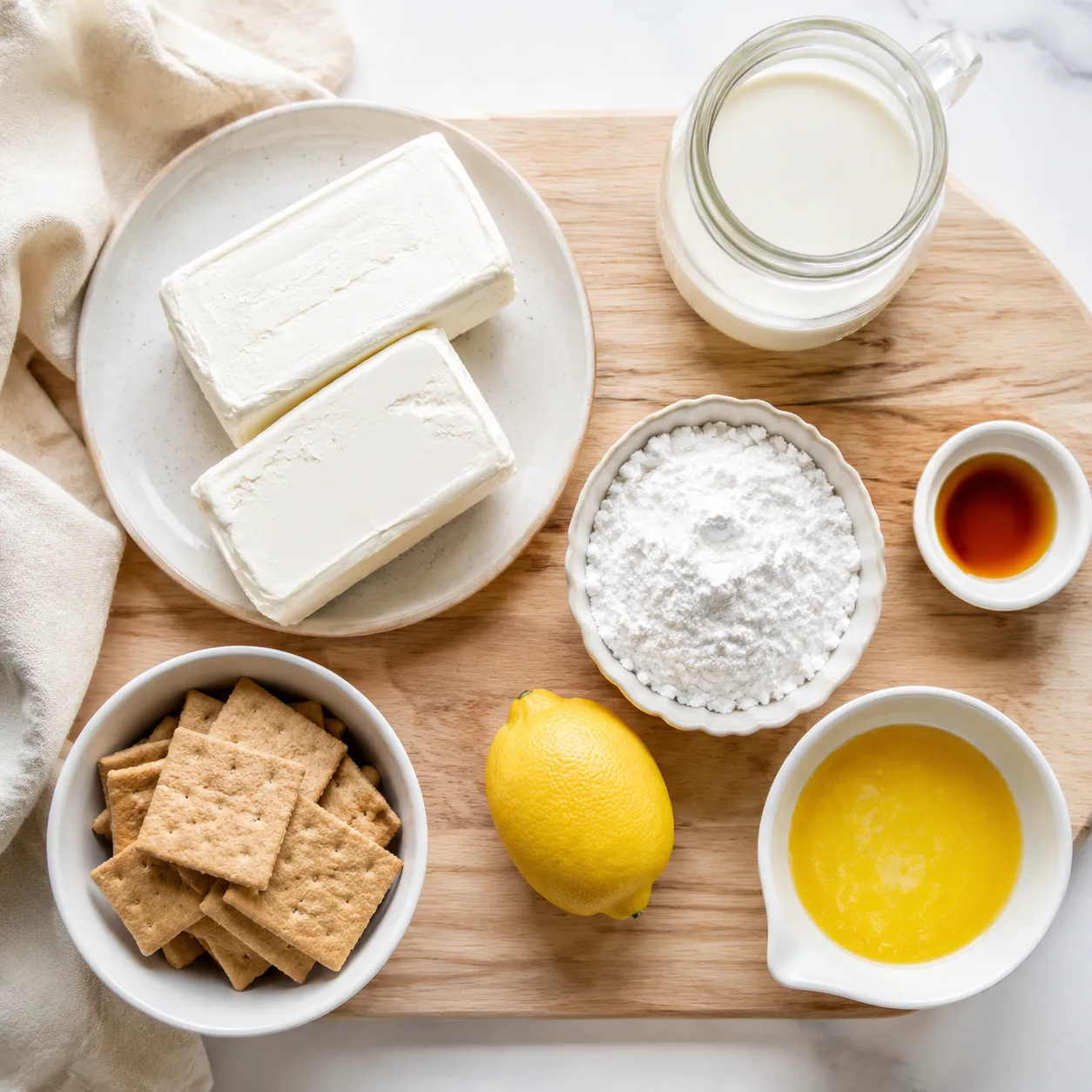 No-bake cheesecake ingredients flatlay with cream cheese, graham crackers, and cream