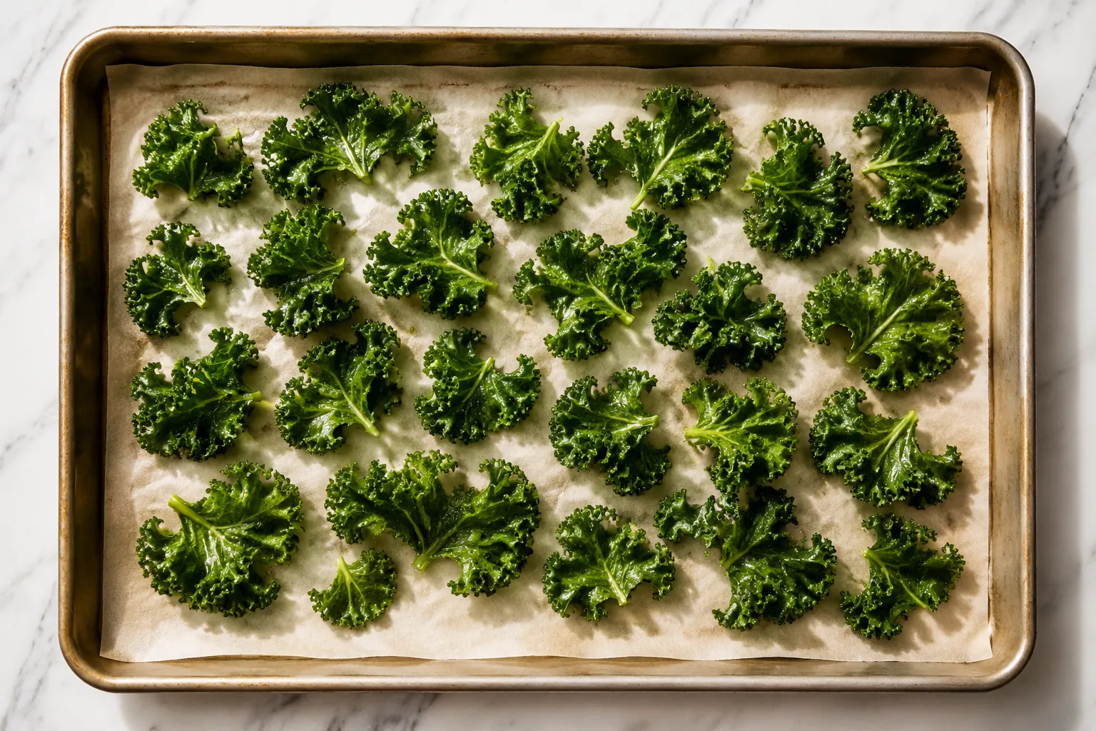 Kale chips spread on a parchment-lined baking sheet before baking at 300°F