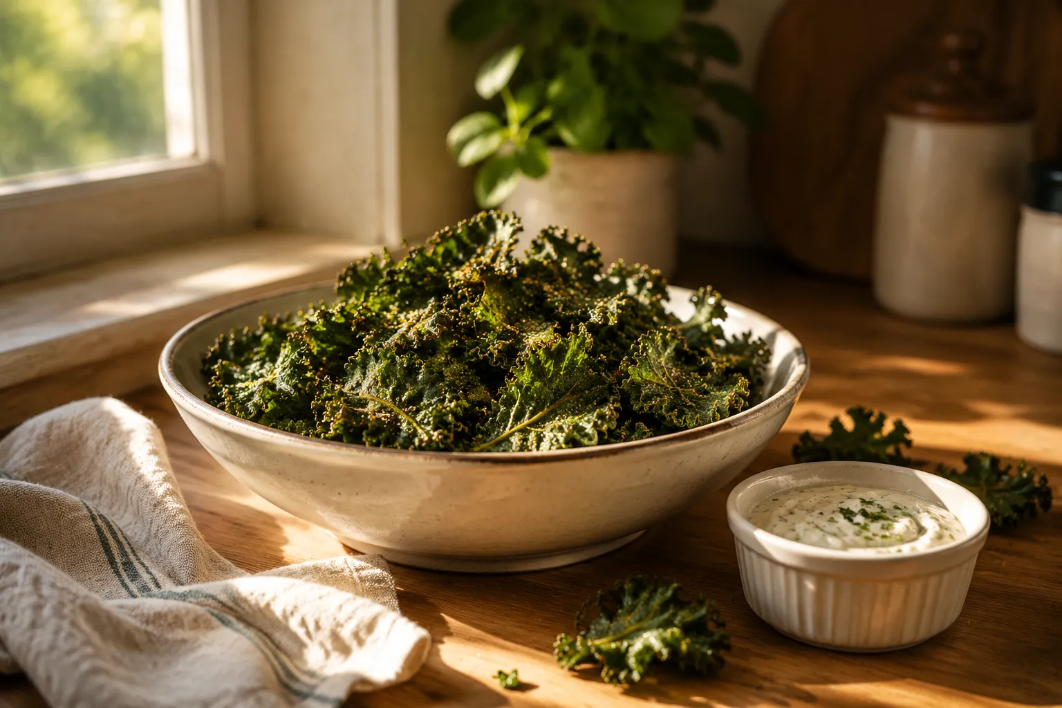 Bowl of finished kale chips recipe served with a yogurt ranch dipping sauce