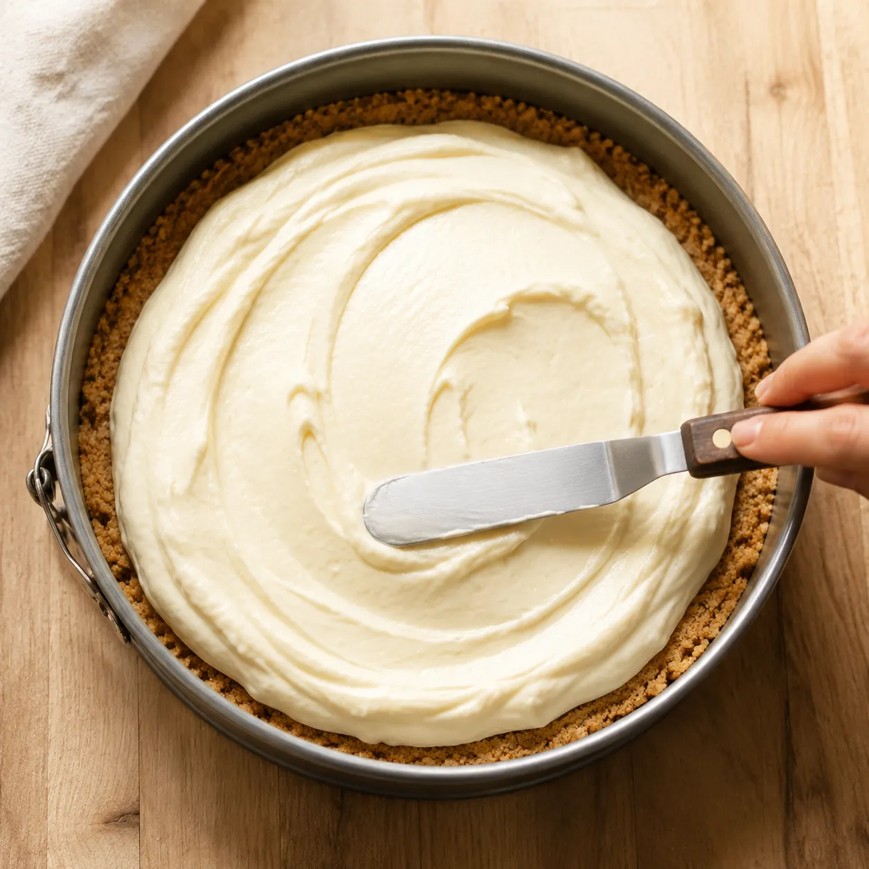 Spreading no-bake cheesecake filling over graham cracker crust
