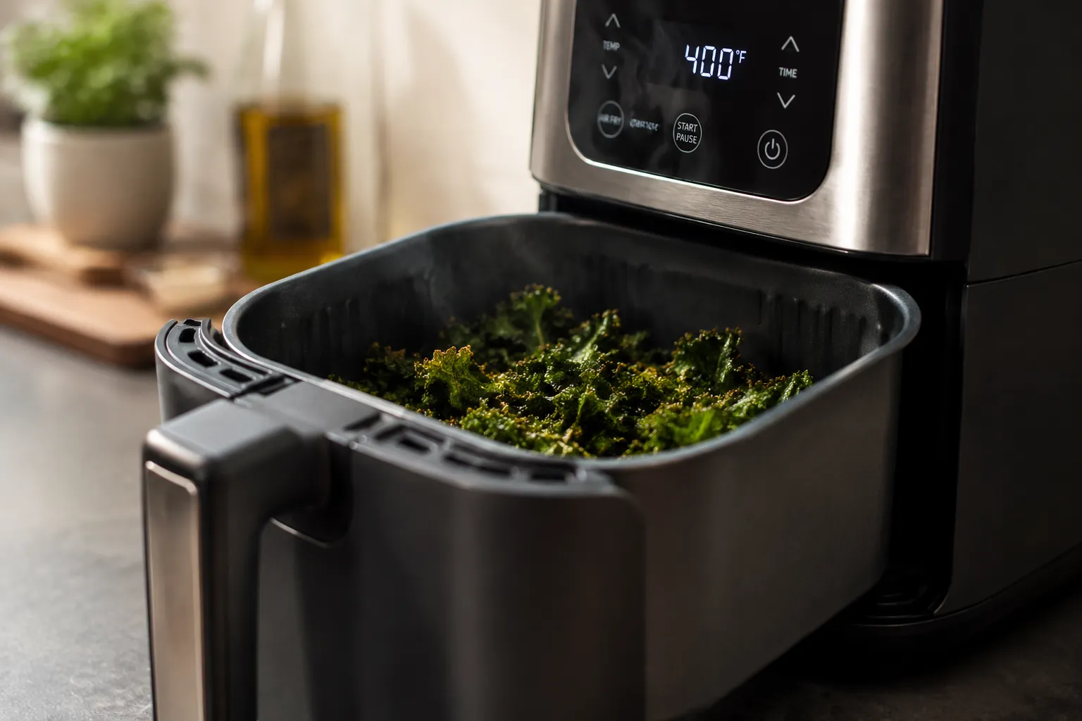 Air fryer kale chips recipe shown crisped in the basket at 300°F