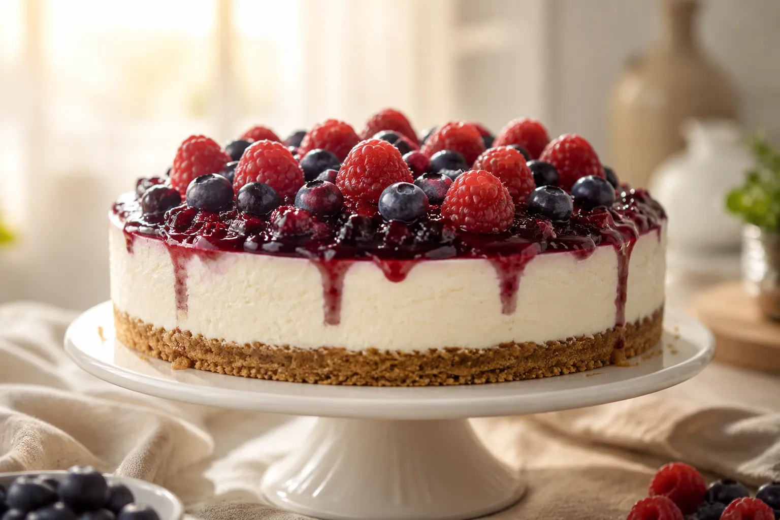 Whole no-bake cheesecake recipe topped with fresh mixed berries on cake stand