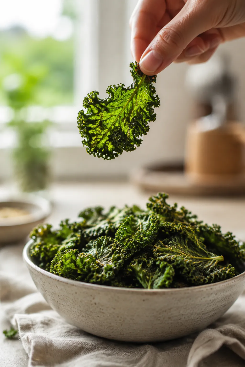 Hand picking up a crispy kale chip from a serving bowl
