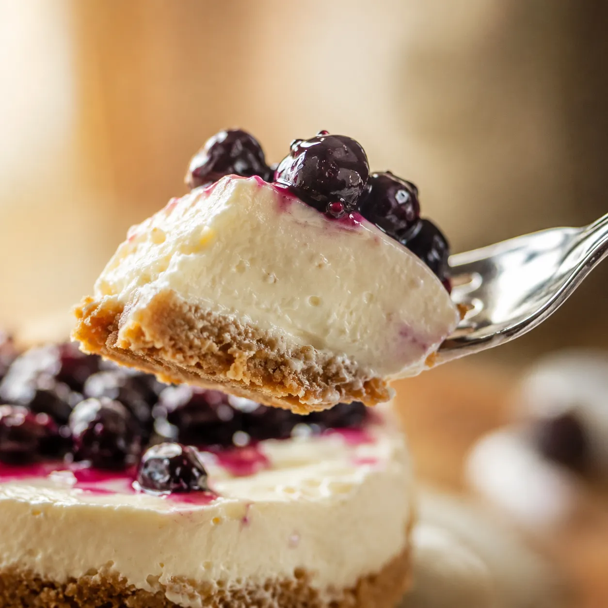 Close-up forkful of creamy no-bake cheesecake with graham cracker crust