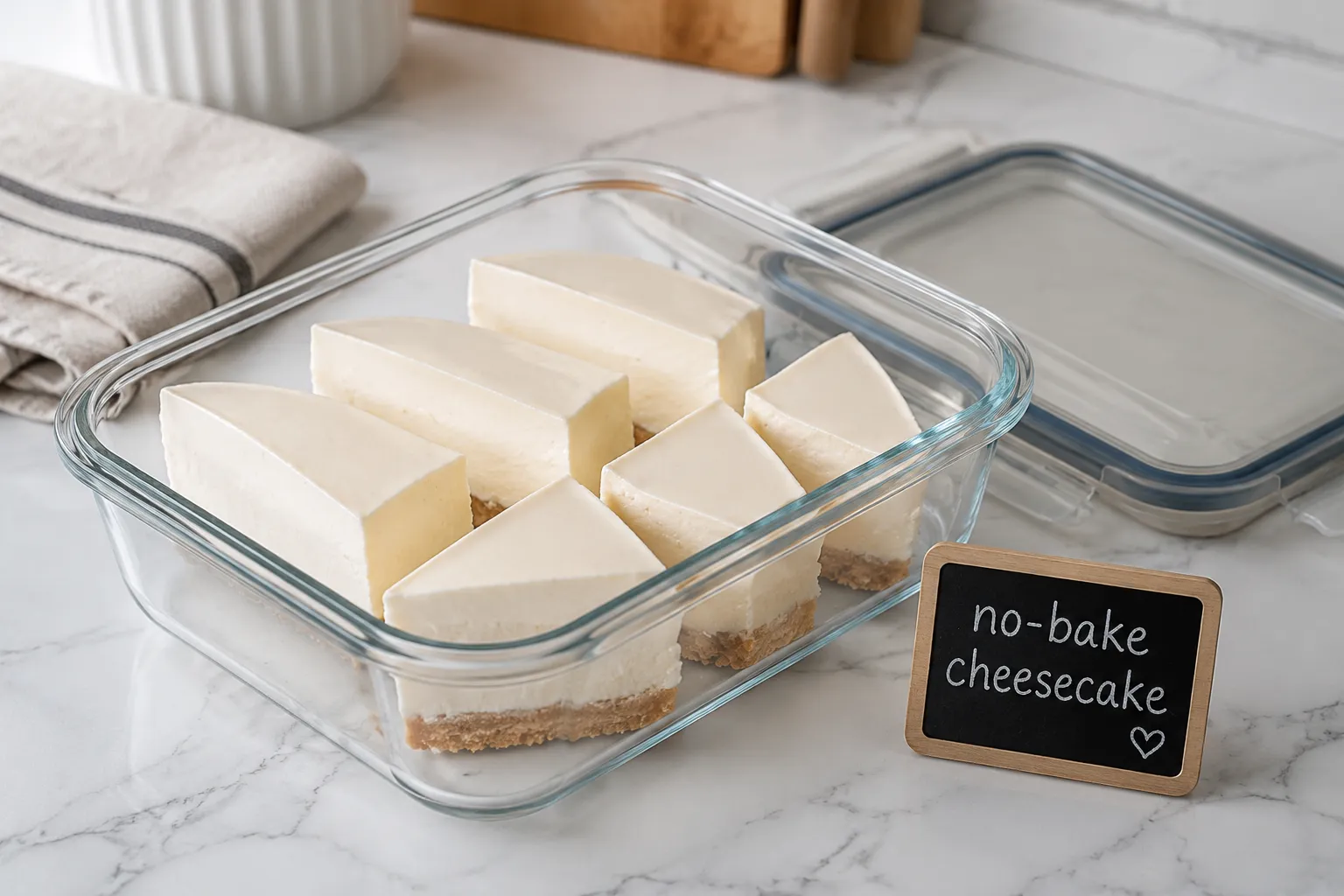 Storing leftover no-bake cheesecake slices in a glass container