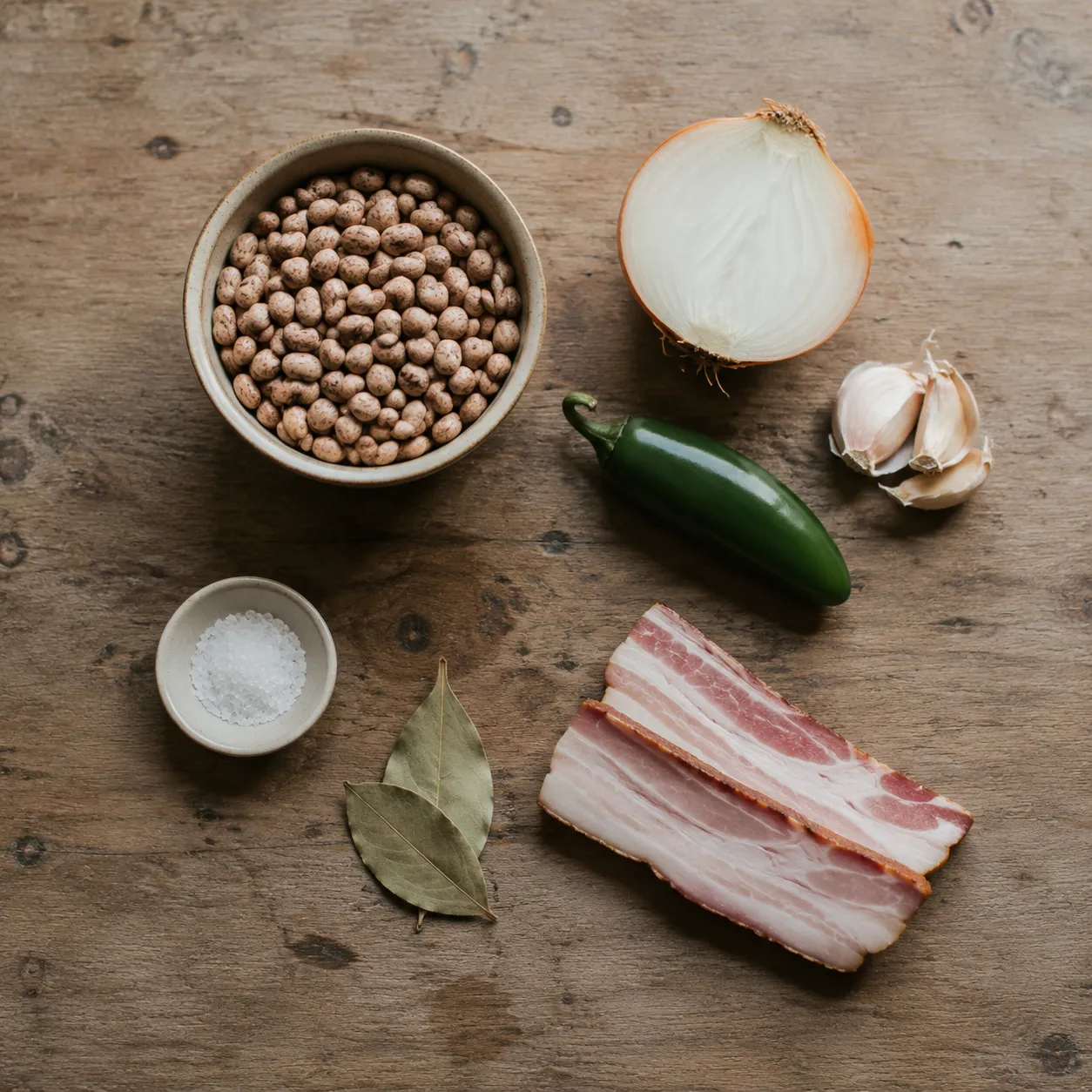 Frijoles recipe ingredients including dried pinto beans, onion, garlic, and jalapeño