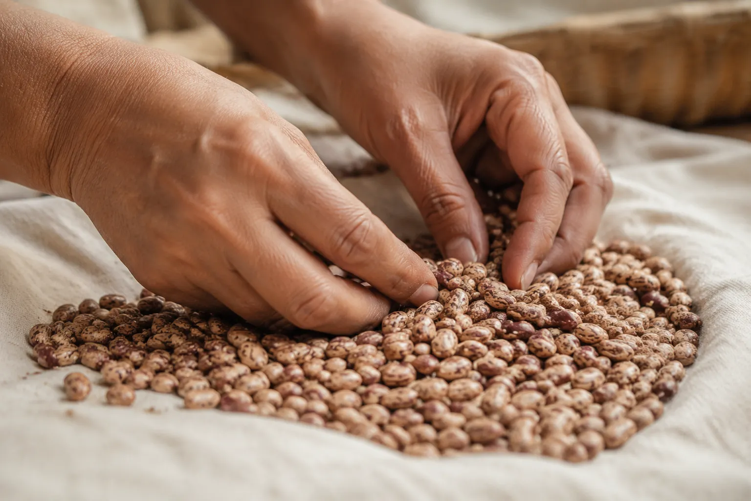 Sorting dried pinto beans before cooking frijoles