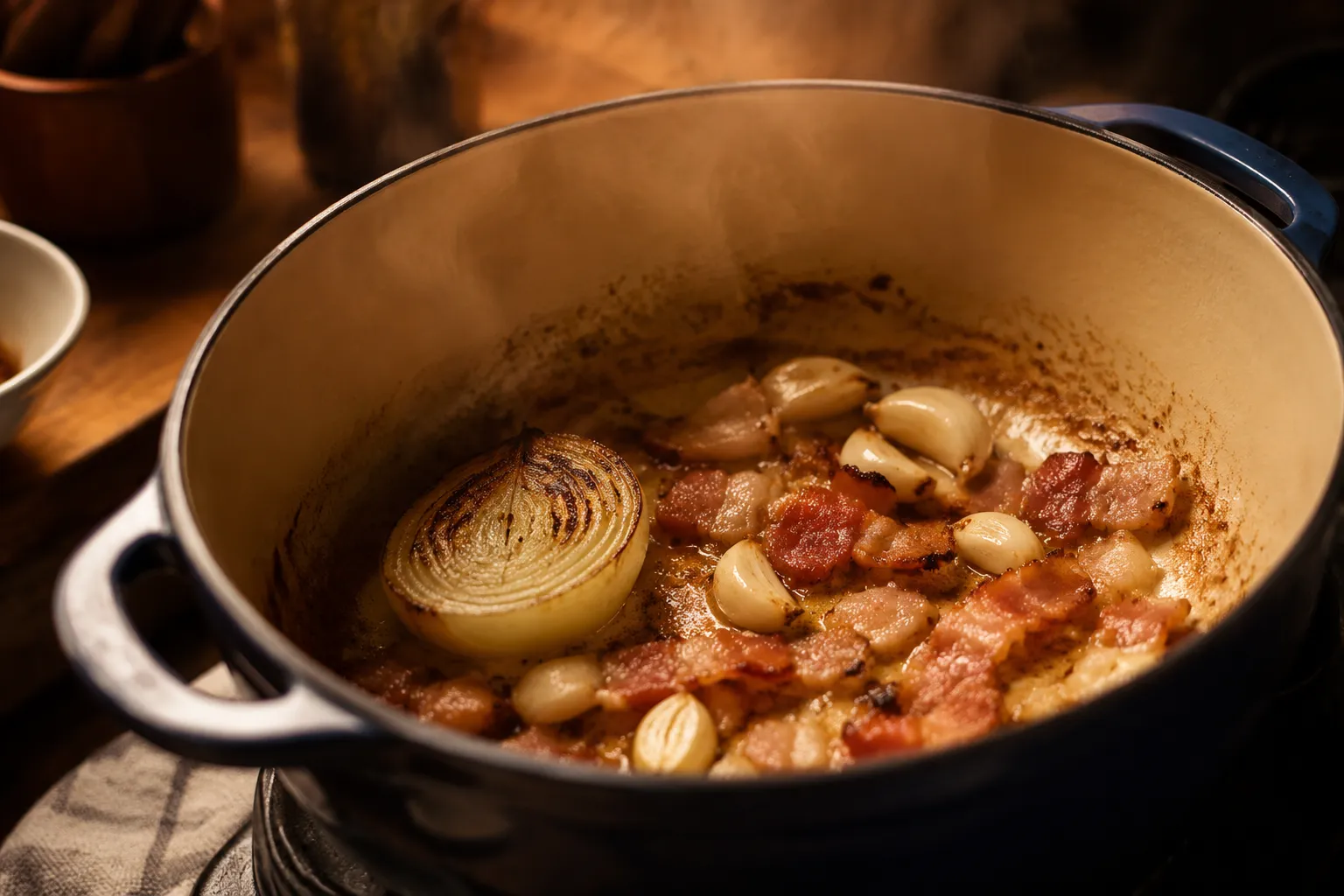 Sautéing onion, garlic, and bacon to start frijoles