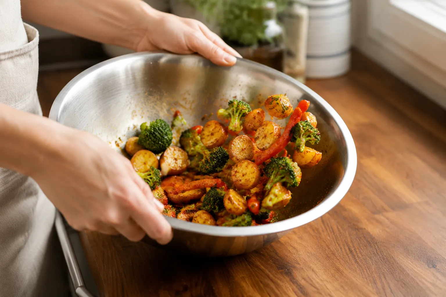 Hands tossing vegetables in olive oil and seasoning for sheet pan dinner prep