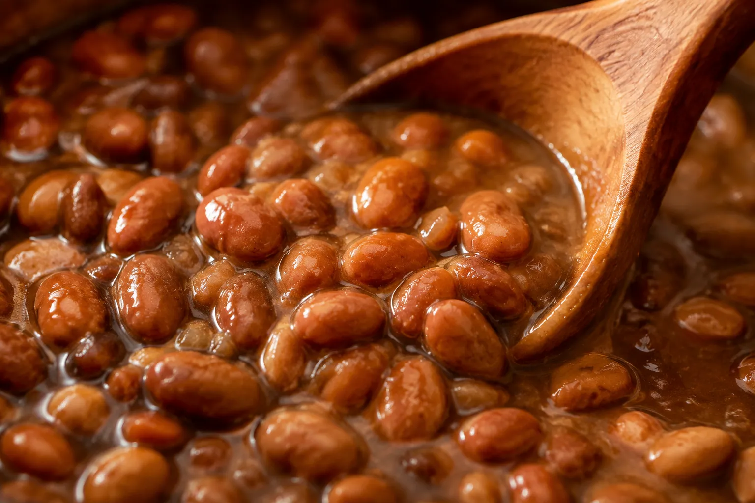 Close-up of creamy frijoles in rich bean broth
