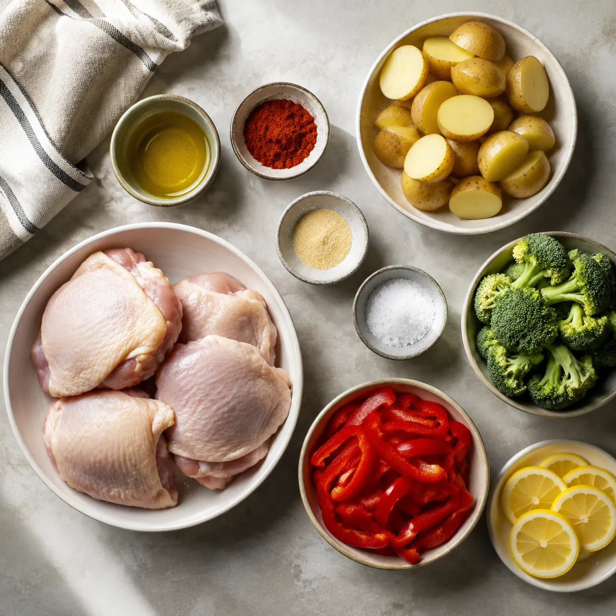 Sheet pan dinner ingredients flatlay with chicken, potatoes, broccoli, and seasonings