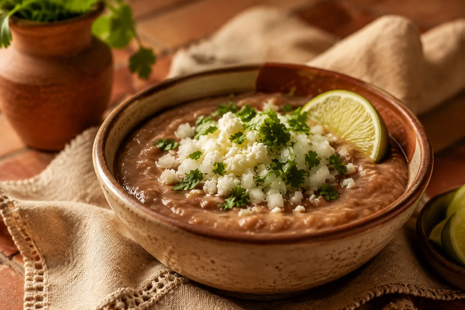 Bowl of frijoles topped with queso fresco and cilantro