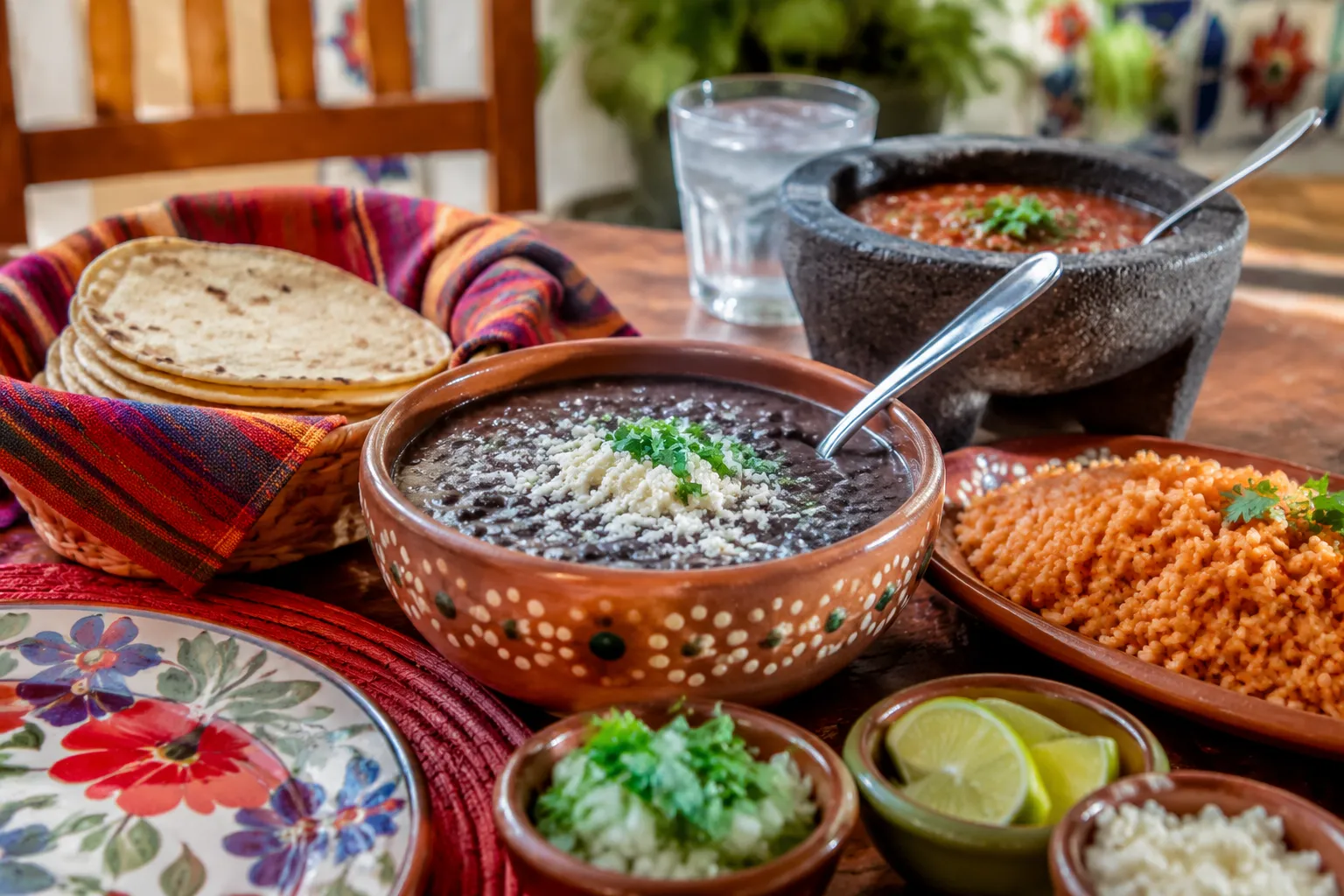 Frijoles served with tortillas, Mexican rice, and salsa
