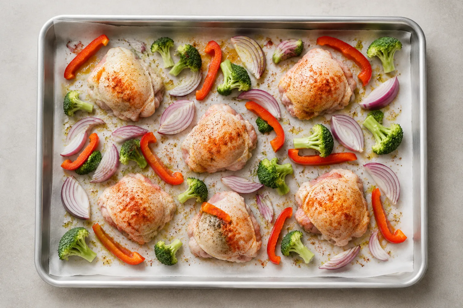 Raw seasoned chicken and vegetables arranged on a half sheet pan before roasting