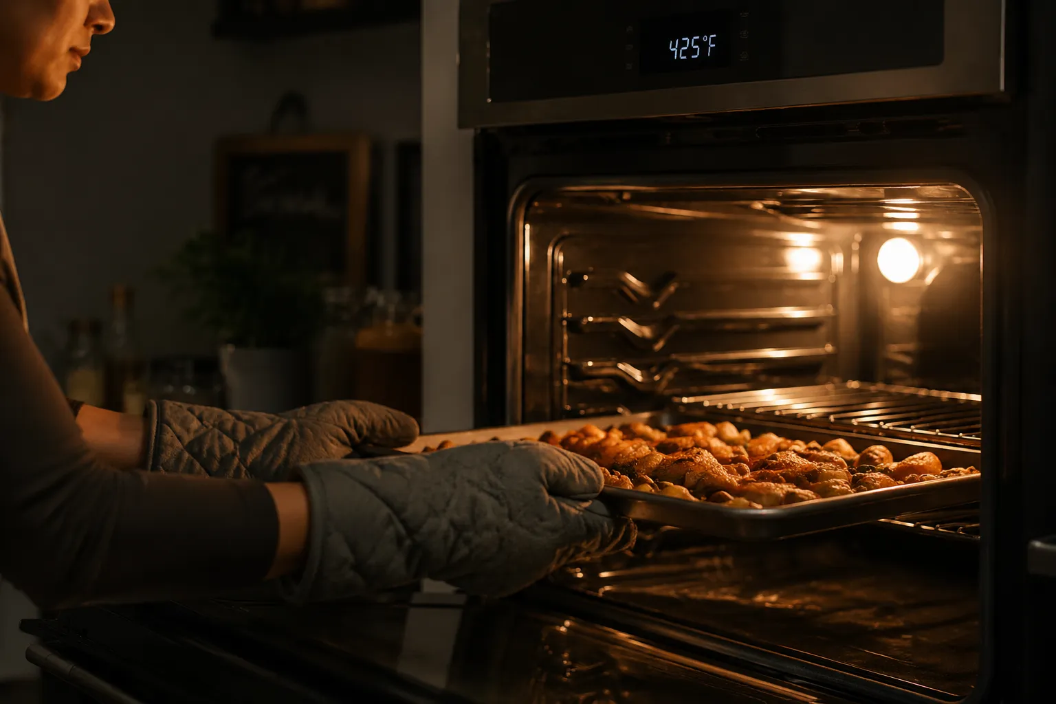 Sheet pan dinner being placed in a preheated oven for roasting