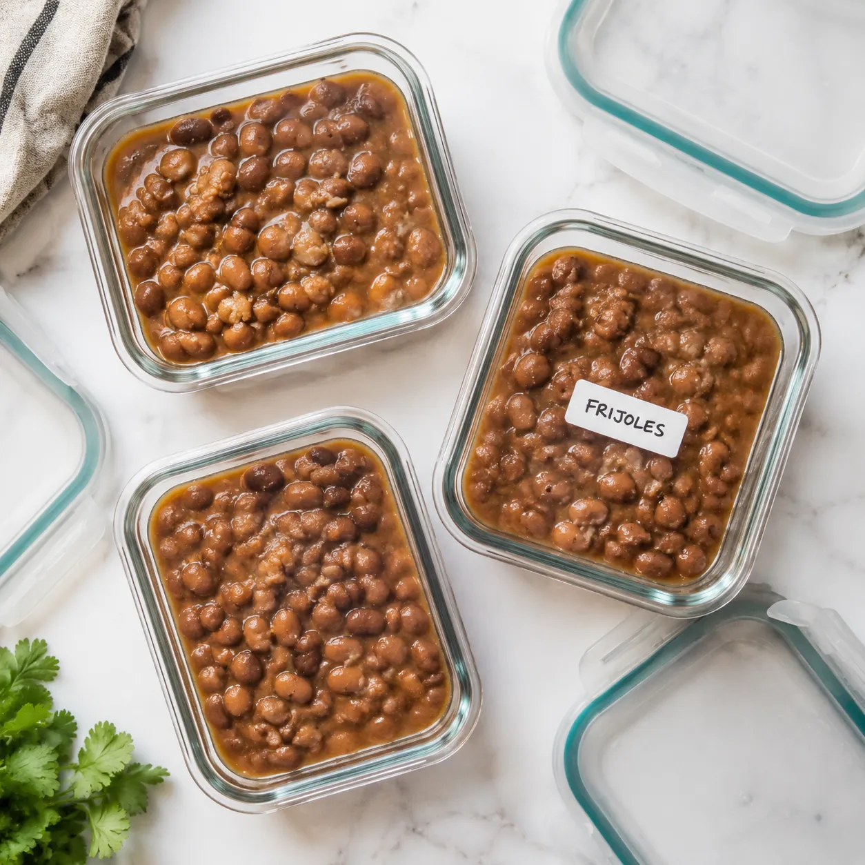 Frijoles stored in glass containers for meal prep and freezing