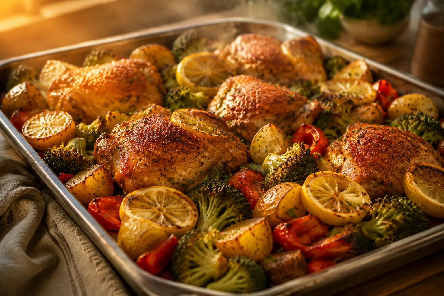 Finished sheet pan dinner with crispy chicken thighs, roasted potatoes, broccoli, and peppers