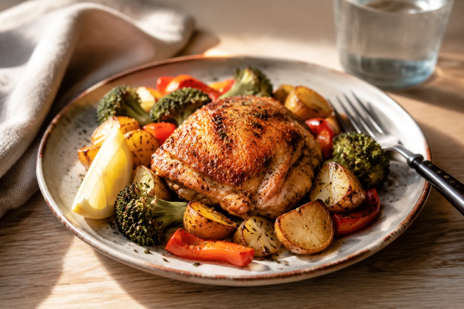 Plated sheet pan chicken dinner with roasted potatoes and vegetables on a dinner plate