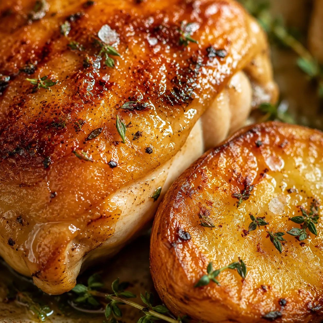 Close-up of crispy roasted chicken skin and caramelized potatoes from a sheet pan dinner