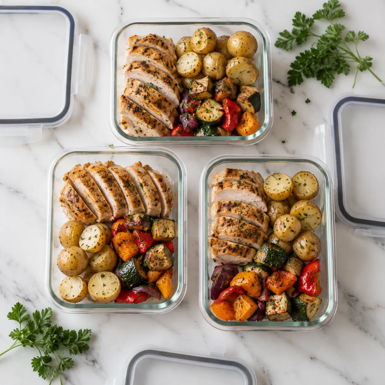 Sheet pan dinner leftovers stored in glass meal prep containers for the week