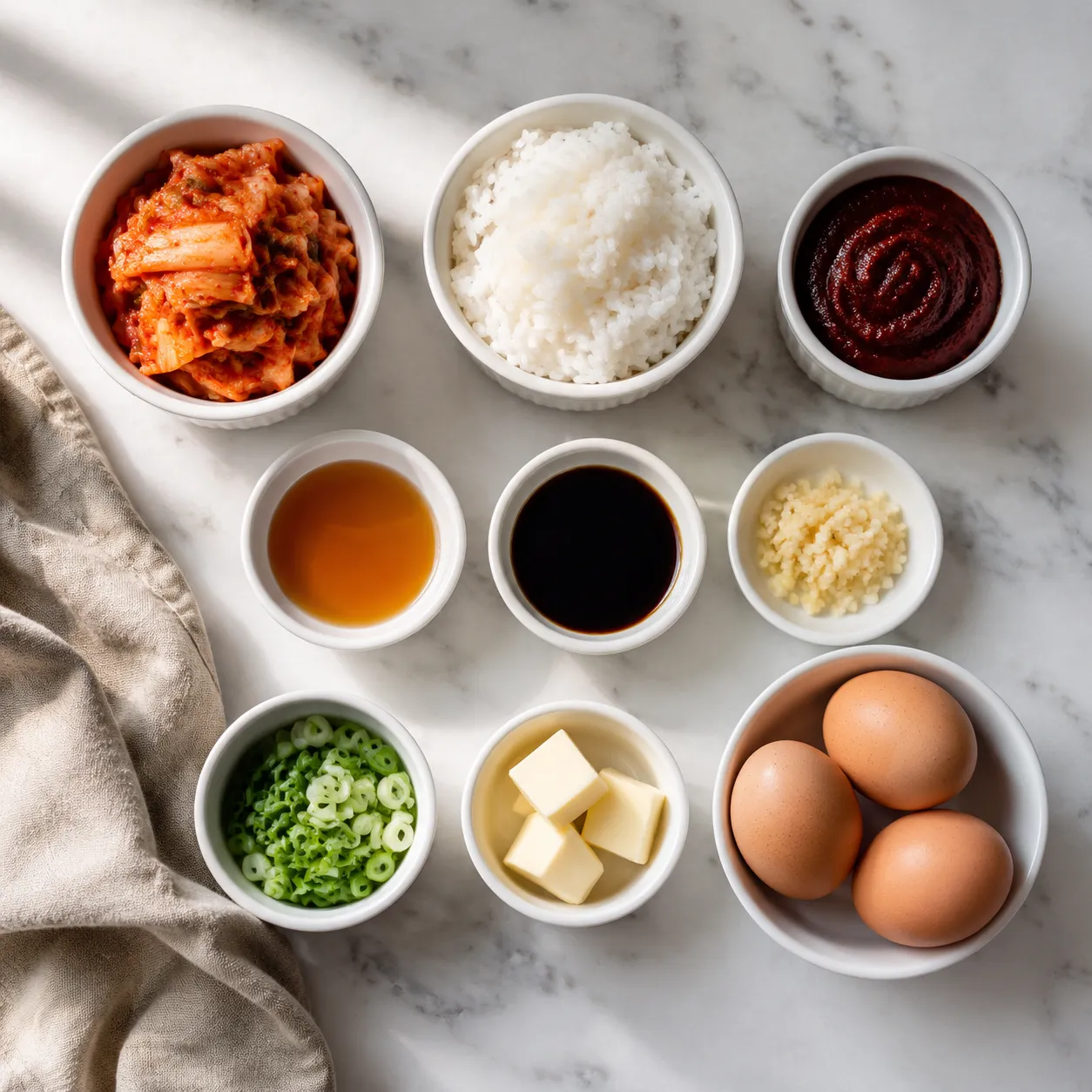Kimchi fried rice ingredients laid out in small bowls overhead