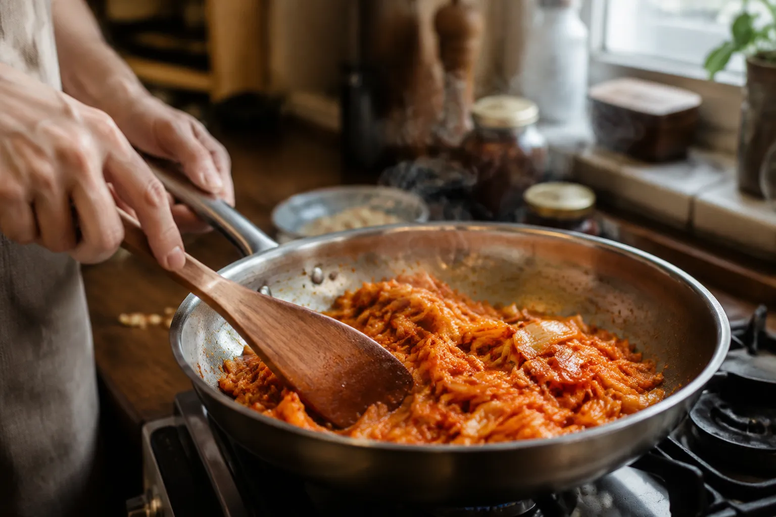Sautéing kimchi and garlic in butter for kimchi fried rice