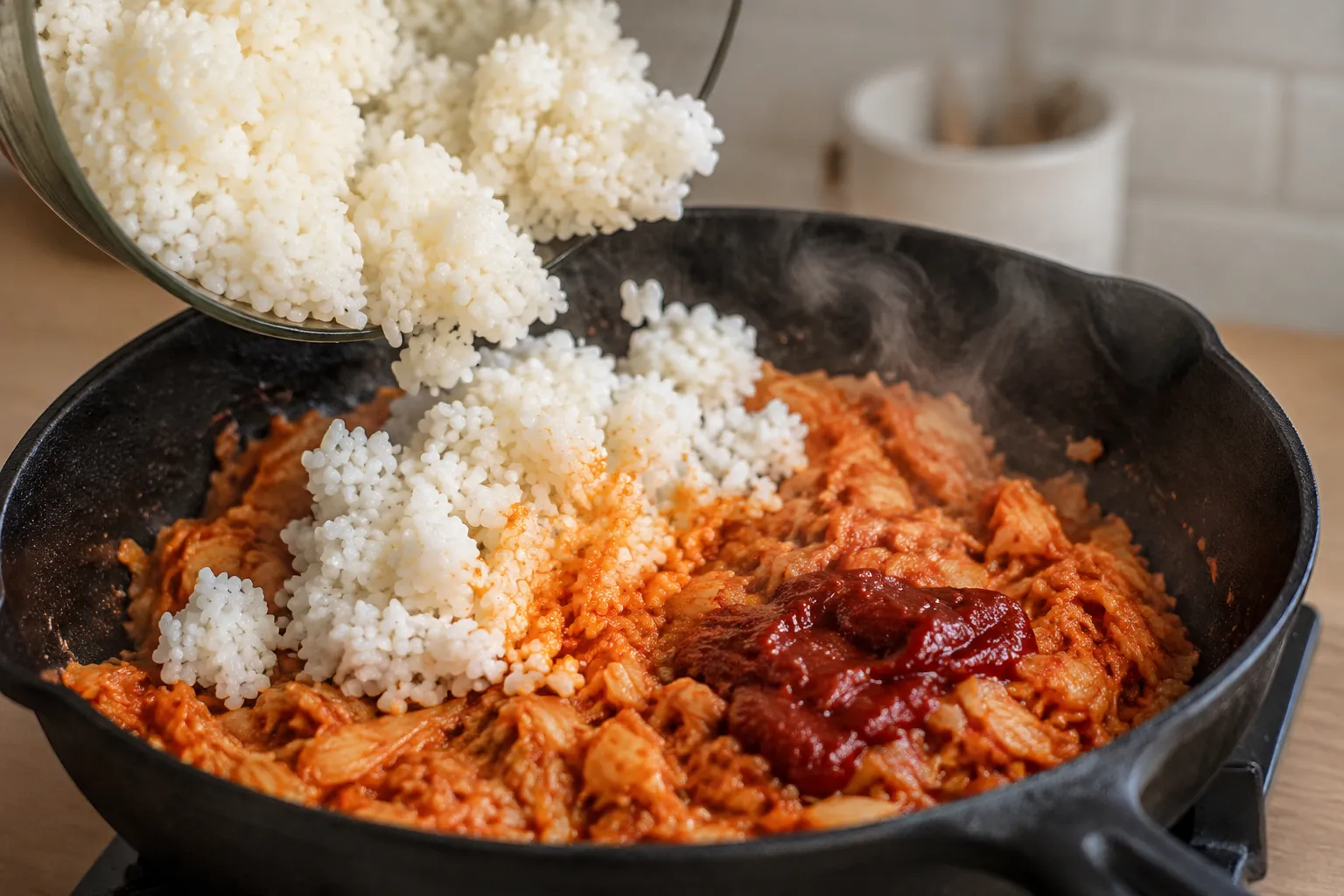 Adding day-old rice and gochujang to kimchi for fried rice
