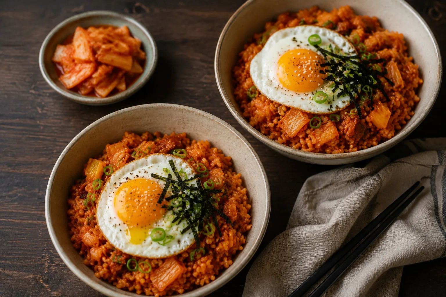 Two bowls of kimchi fried rice topped with fried eggs and nori