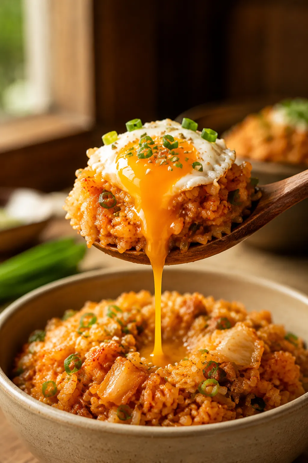 Spoonful of kimchi fried rice with runny egg yolk dripping