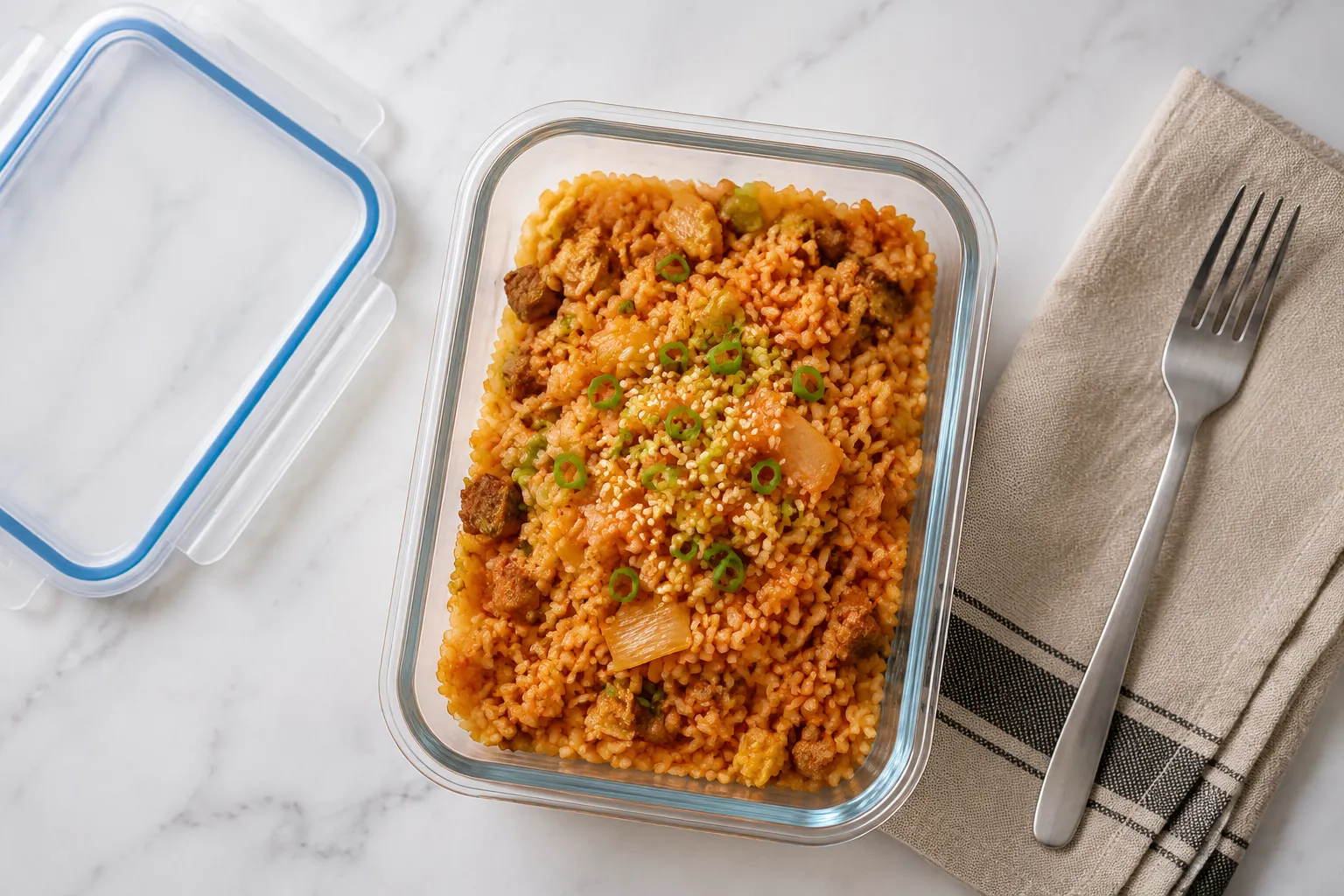 Leftover kimchi fried rice stored in a glass meal-prep container