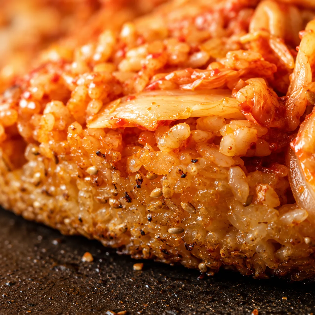 Crispy crust of kimchi fried rice at the bottom of the pan