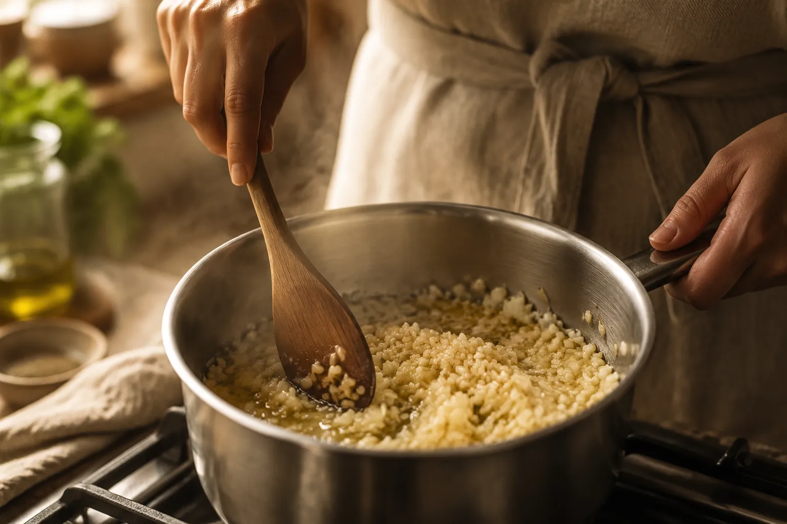 Toasting rice with onion and garlic for greek rice in a saucepan