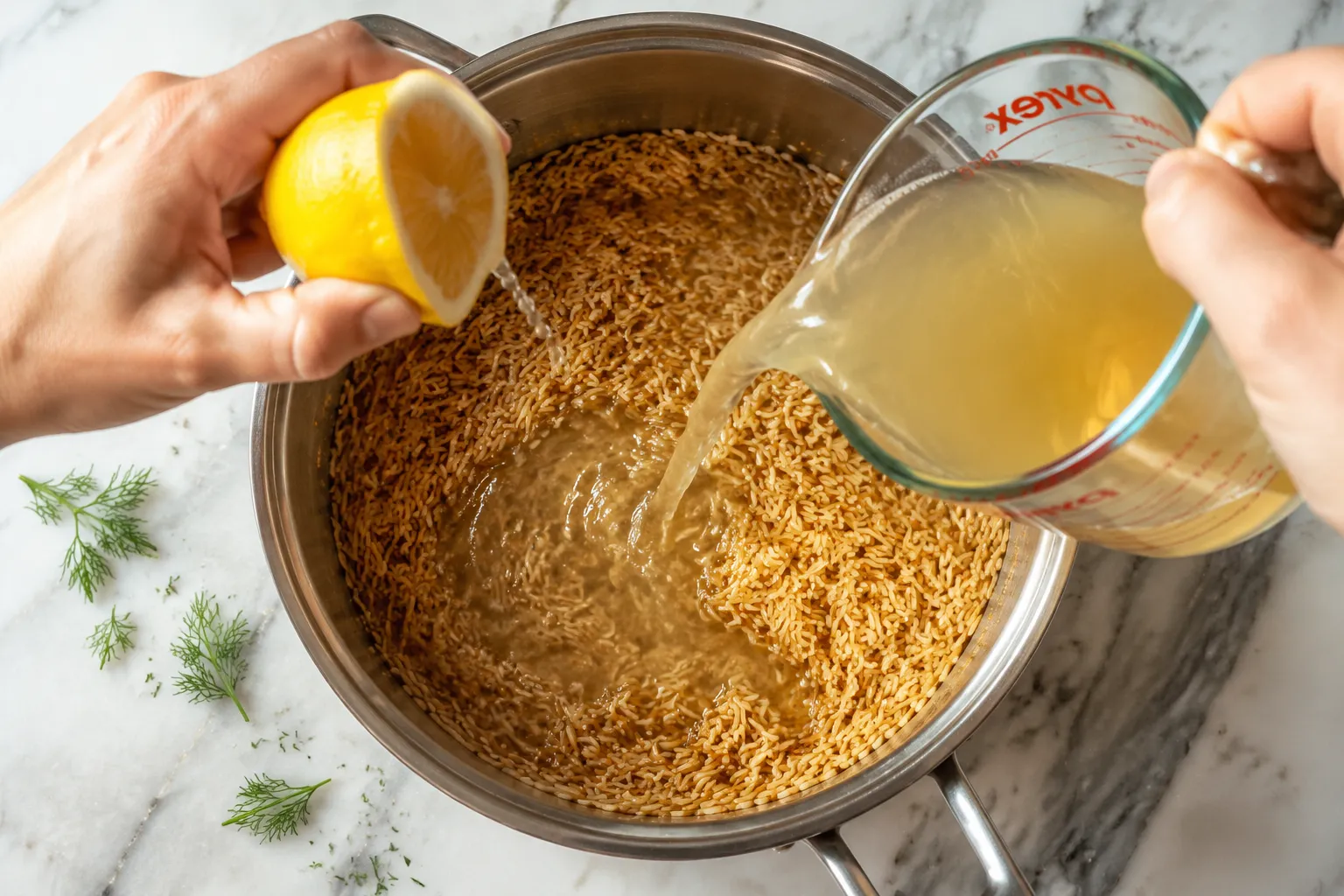 Pouring lemon juice and broth into toasted rice for Greek lemon rice