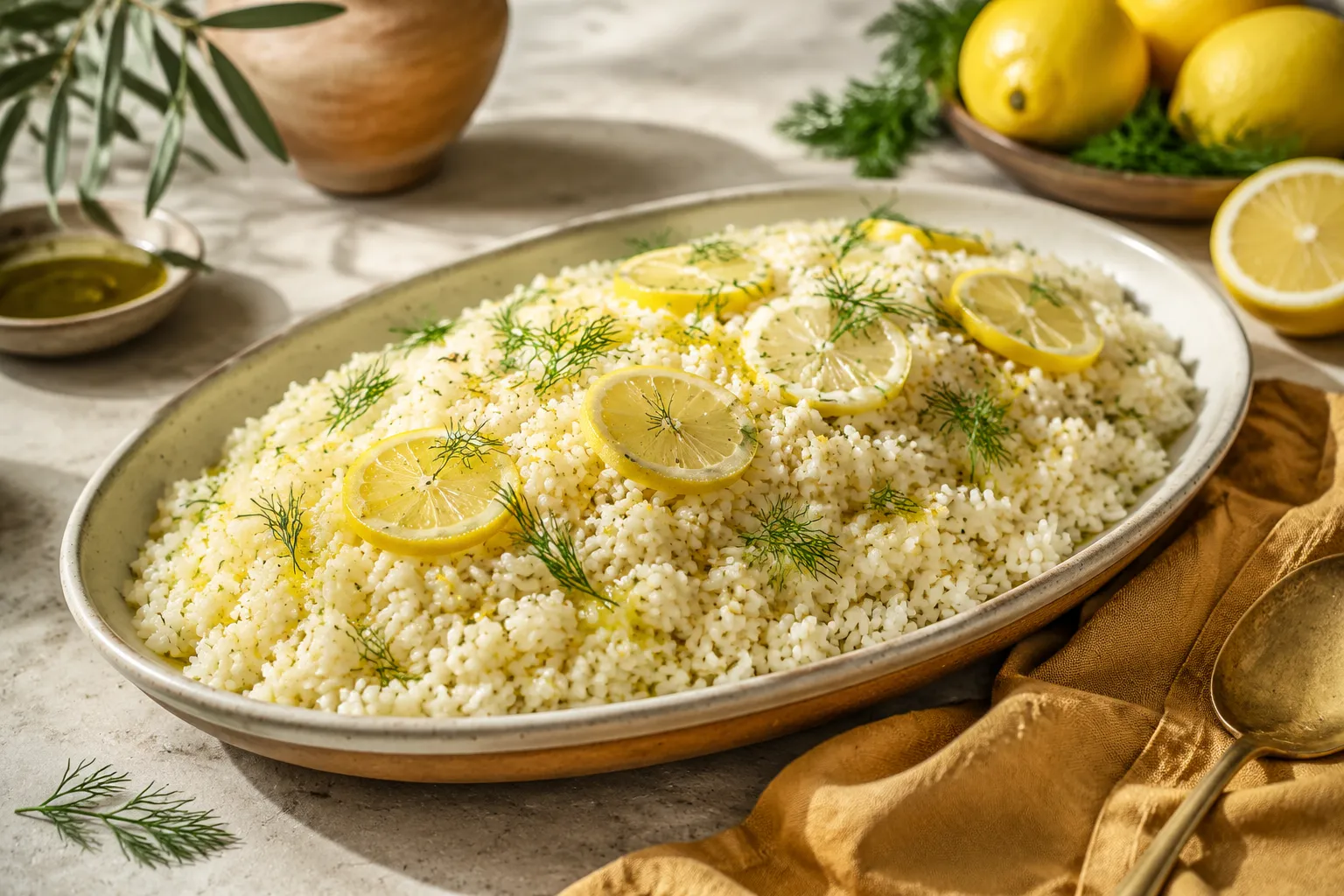 Finished greek lemon rice recipe on a platter with lemon and dill garnish