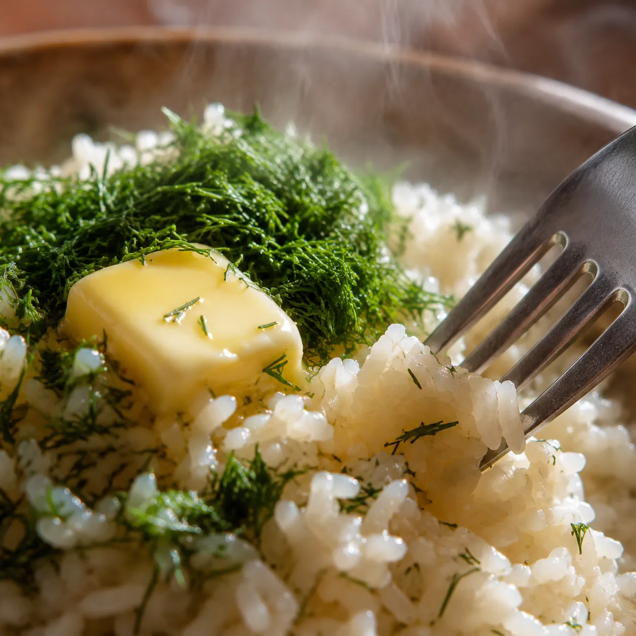 Folding fresh dill and butter into fluffy greek rice close-up